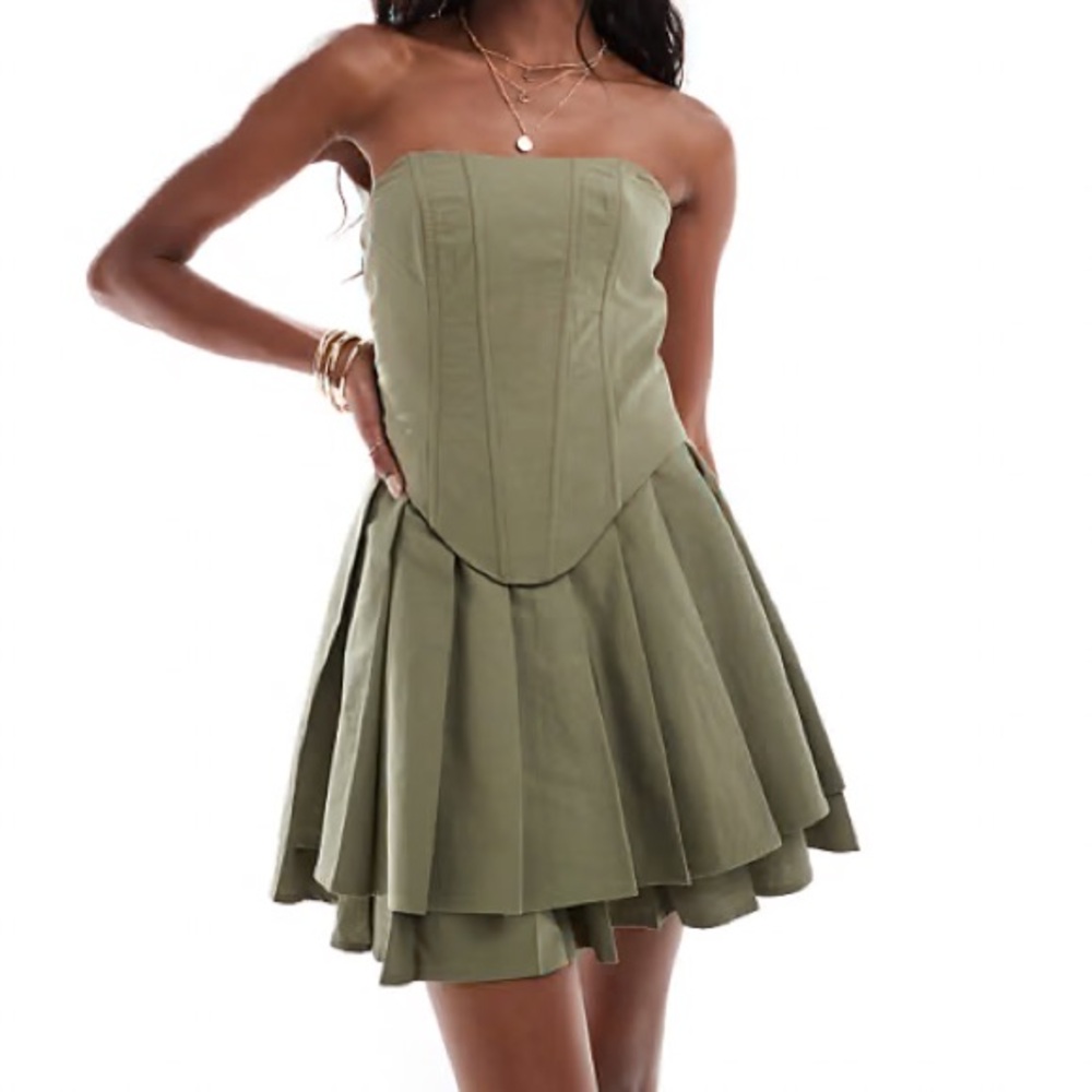 Extro & Vert bandeau pleated mini dress in khaki